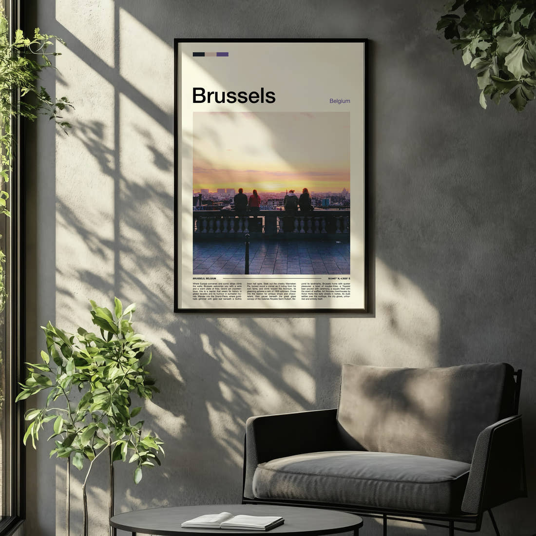 Brussels Sunset Rooftop View Travel Print framed on the wall of a relaxed living room