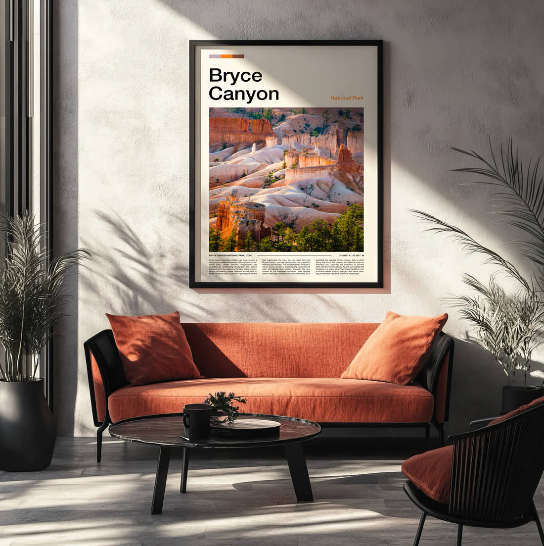 Bryce Canyon Canyon Rock Formations Travel Print framed on the wall of a modern living room