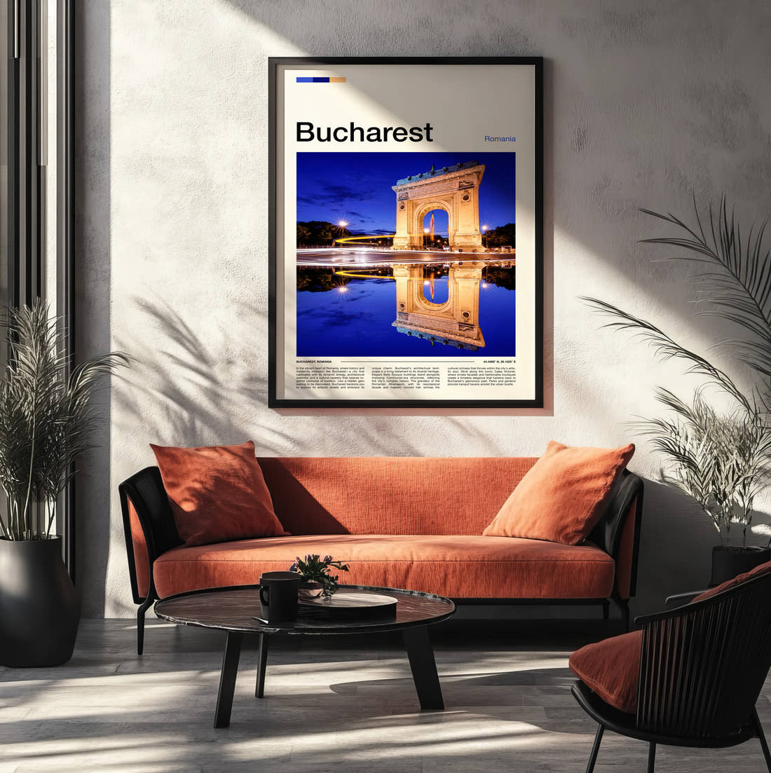 Bucharest Arch Of Triumph Travel Print framed on the wall of a modern living room