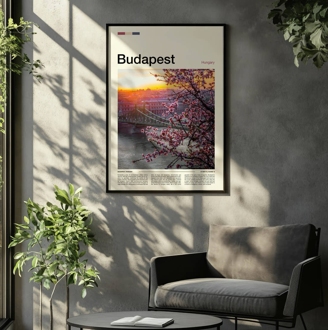 Budapest Chain Bridge And Blossoms Travel Print framed on the wall of a relaxed living room