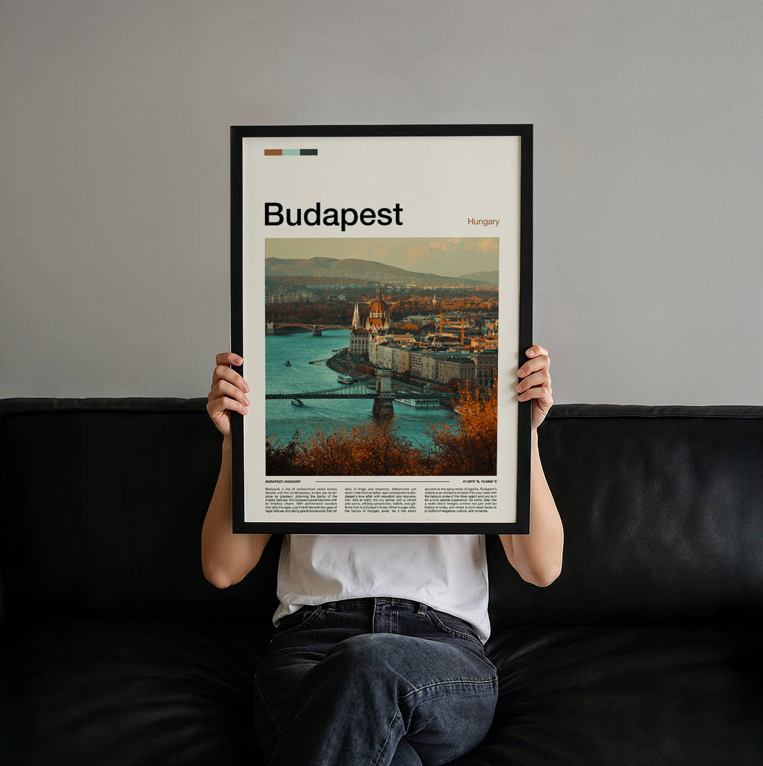 Budapest Danube And Parliament Travel Print held up by hand to show the size of the print