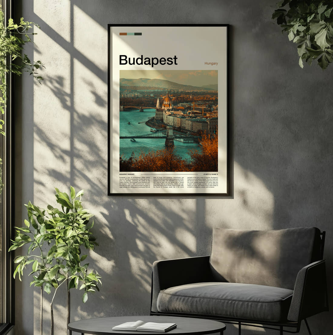 Budapest Danube And Parliament Travel Print framed on the wall of a relaxed living room