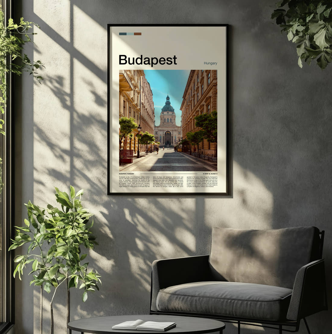 Budapest St Stephen's Basilica Travel Print framed on the wall of a relaxed living room