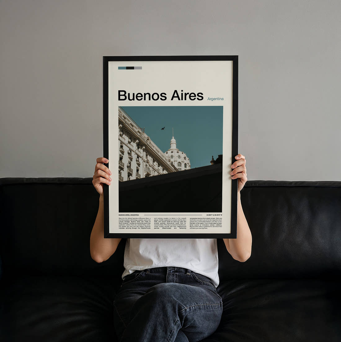Buenos Aires Domed Building And Birds Travel Print held up by hand to show the size of the print