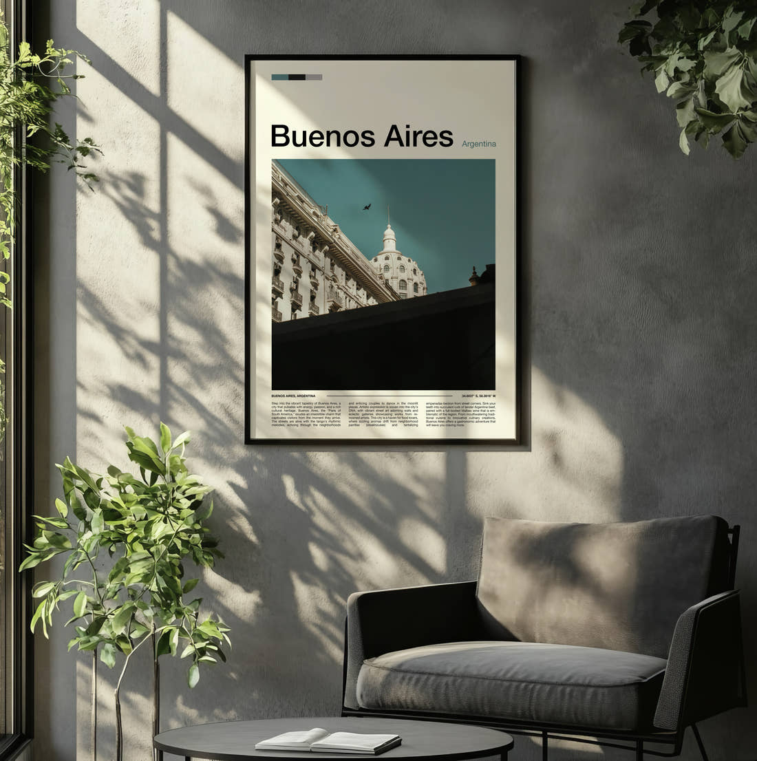 Buenos Aires Domed Building And Birds Travel Print framed on the wall of a relaxed living room