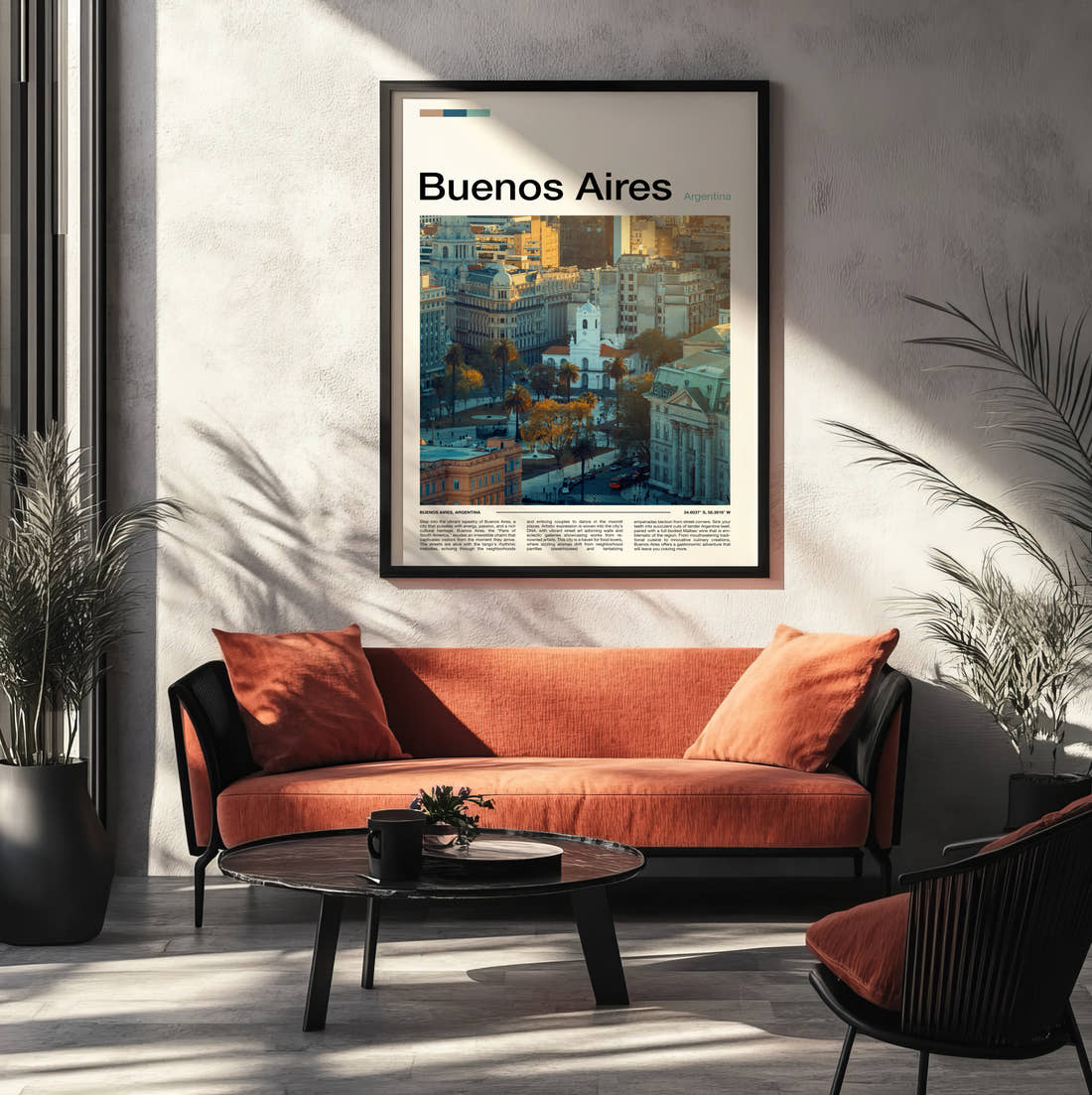 Buenos Aires Aerial View Of The City Travel Print framed on the wall of a modern living room