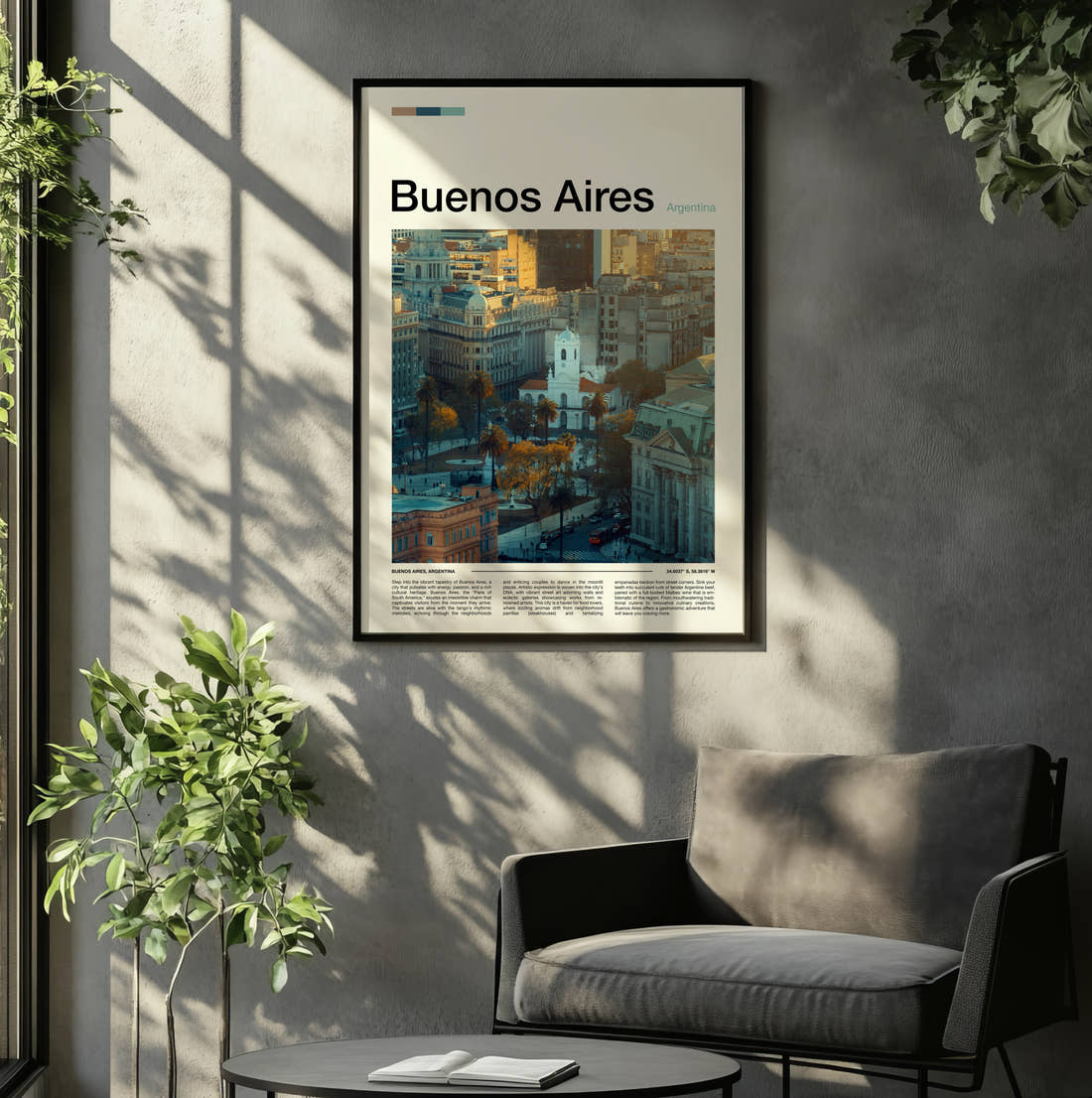 Buenos Aires Aerial View Of The City Travel Print framed on the wall of a relaxed living room