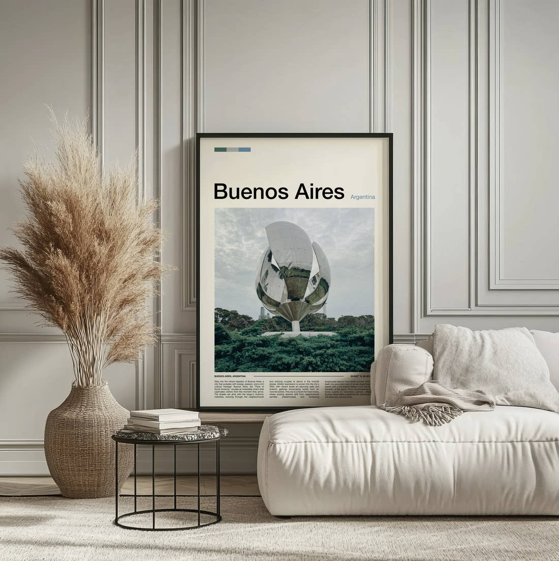 Buenos Aires Floralis Generica Travel Print framed on the wall of a calm, neutral bedroom