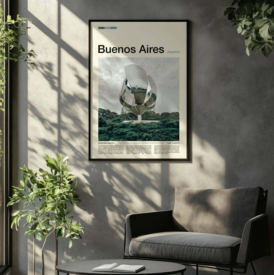 Buenos Aires Floralis Generica Travel Print framed on the wall of a relaxed living room