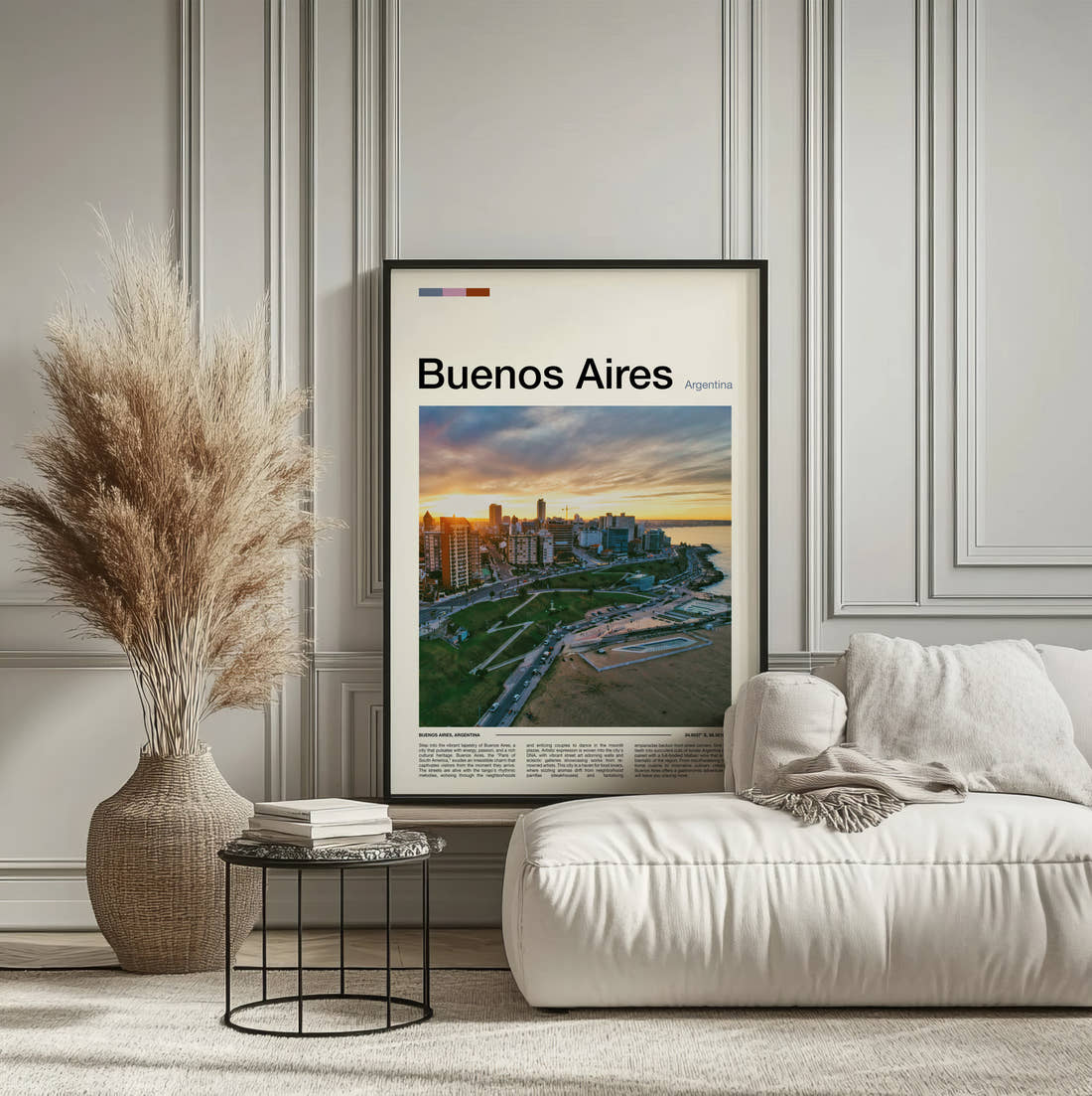 Buenos Aires Waterfront At Sunset Travel Print framed on the wall of a calm, neutral bedroom