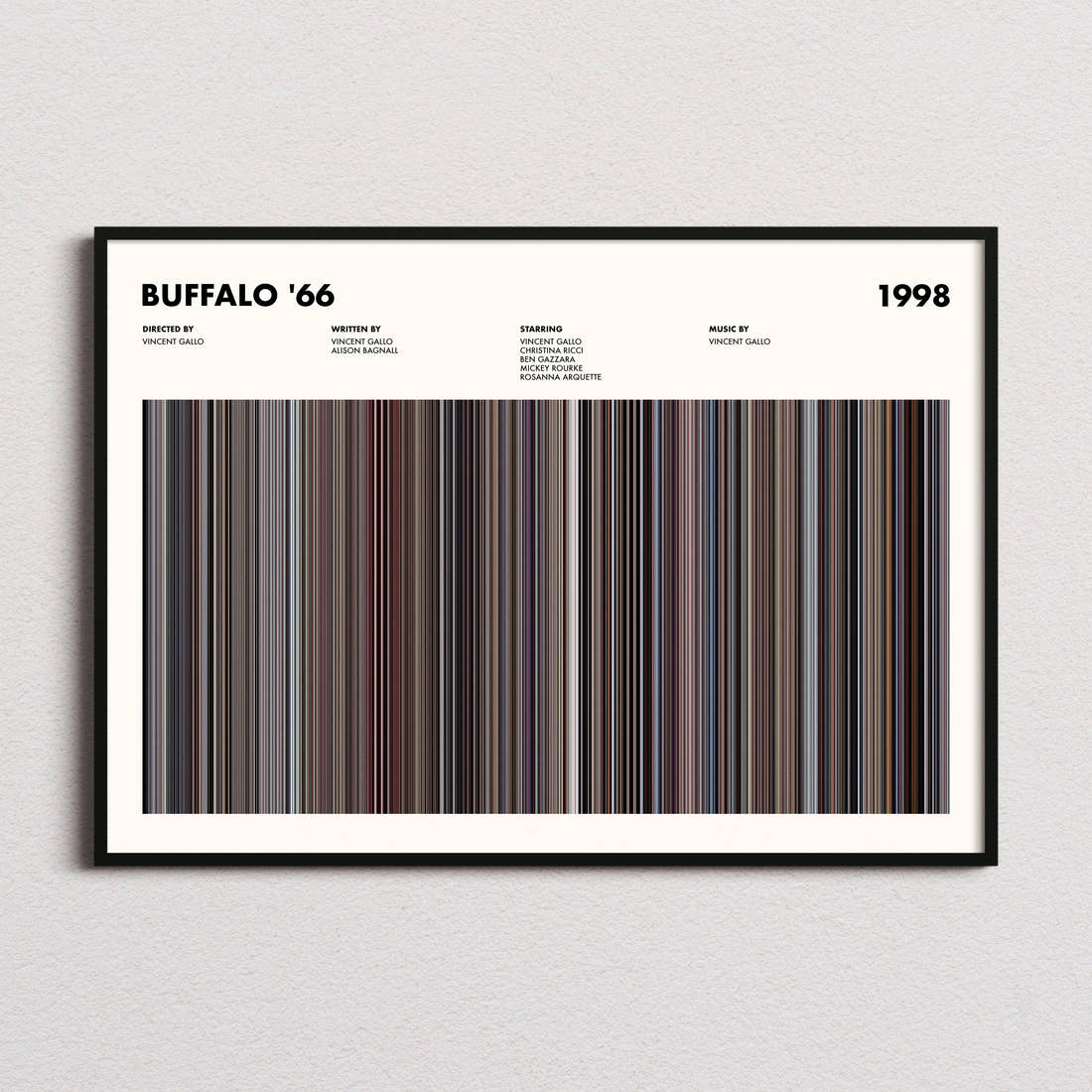 Buffalo '66 Movie Barcode Poster framed and photographed straight on