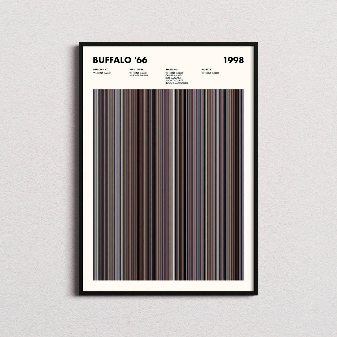 Buffalo '66 Movie Barcode Poster framed on a plain studio wall