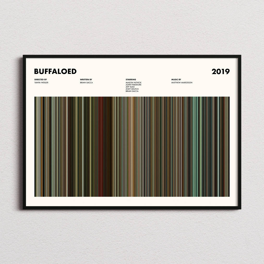 Buffaloed Movie Barcode Poster framed and photographed straight on