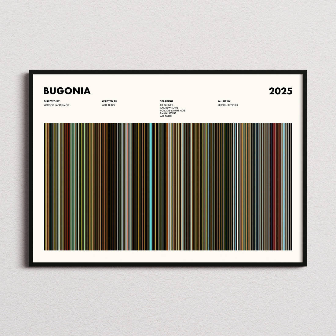 Bugonia Movie Barcode Poster framed and photographed straight on