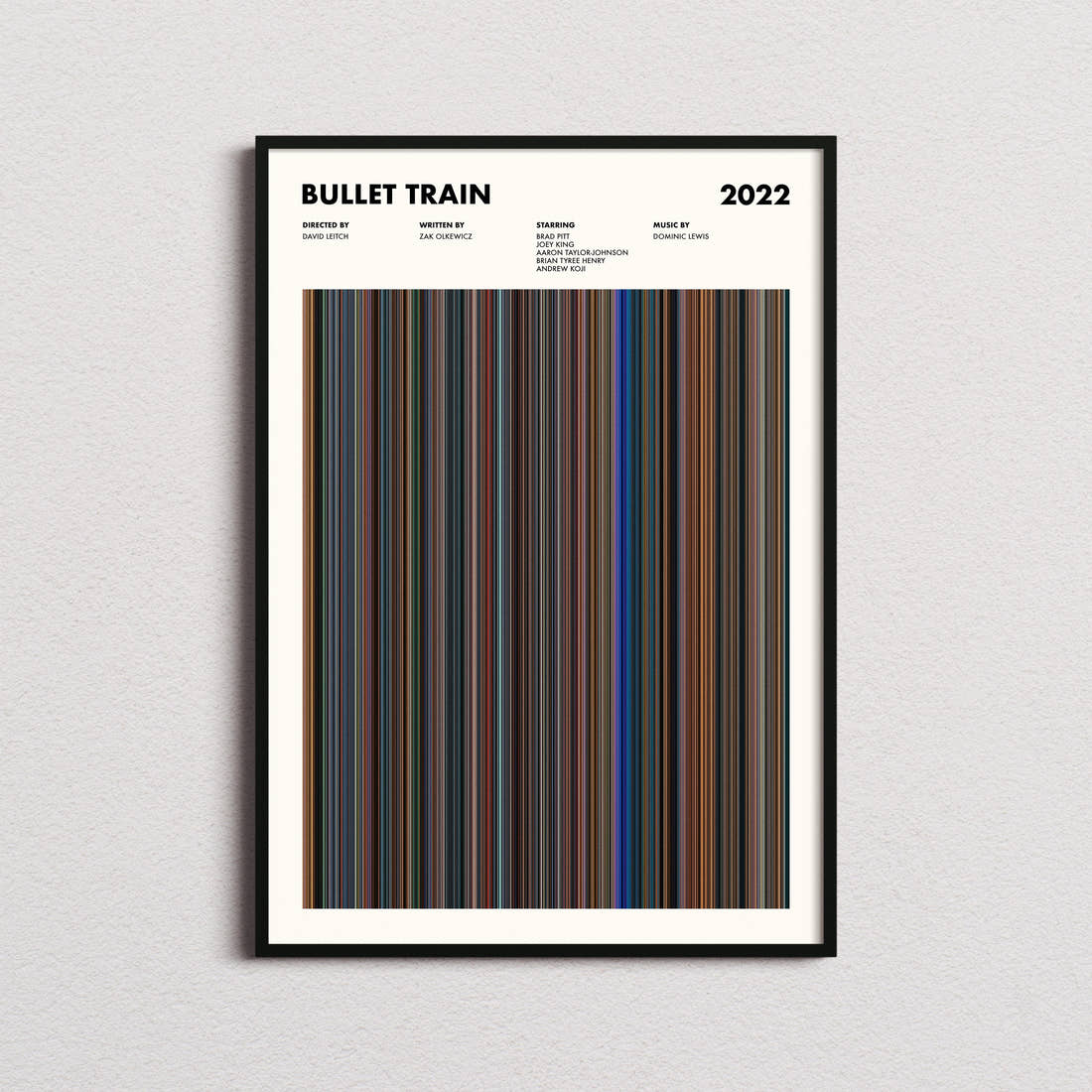 Bullet Train Movie Barcode Poster framed on a plain studio wall