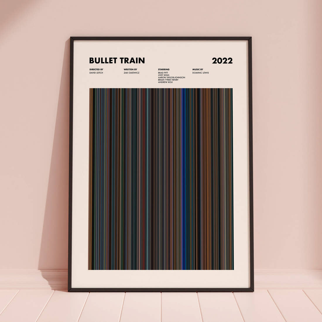 Bullet Train Movie Barcode Poster framed and leaning against a coloured wall