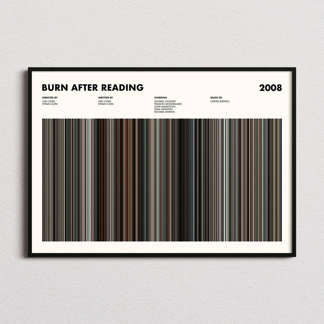 Burn After Reading Movie Barcode Poster framed and photographed straight on
