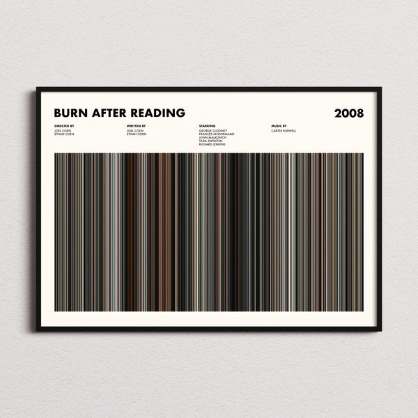 Burn After Reading Movie Barcode Poster framed and photographed straight on