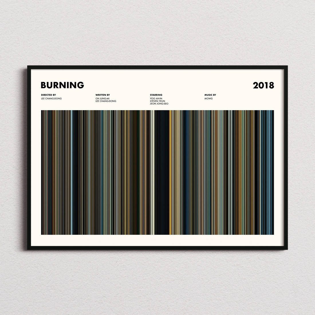 Burning Movie Barcode Poster framed and photographed straight on