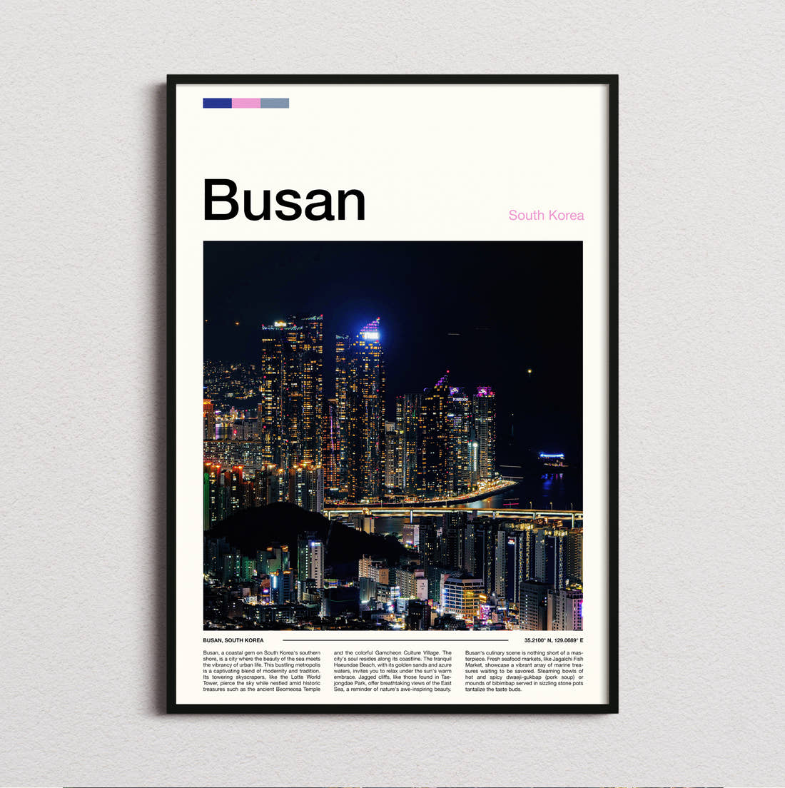 Busan Night Skyline Travel Print framed and photographed straight on