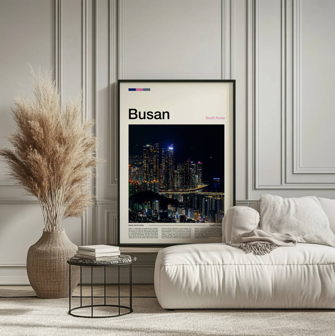 Busan Night Skyline Travel Print framed on the wall of a calm, neutral bedroom