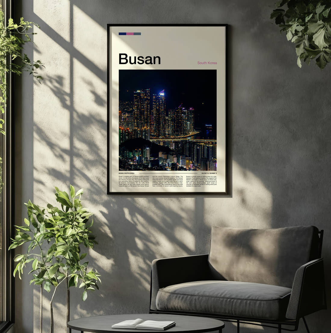 Busan Night Skyline Travel Print framed on the wall of a relaxed living room