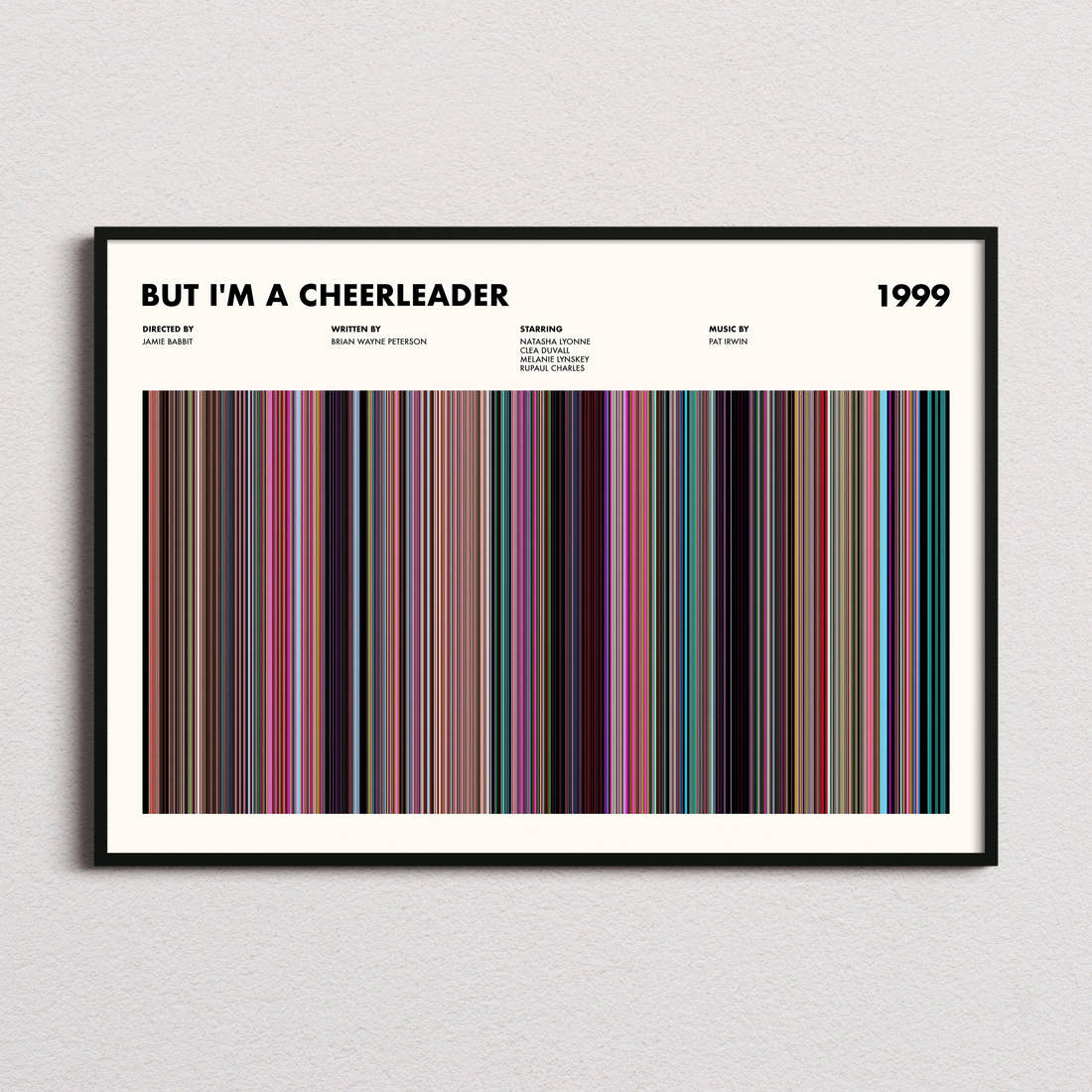 But I'm a Cheerleader Movie Barcode Poster framed and photographed straight on