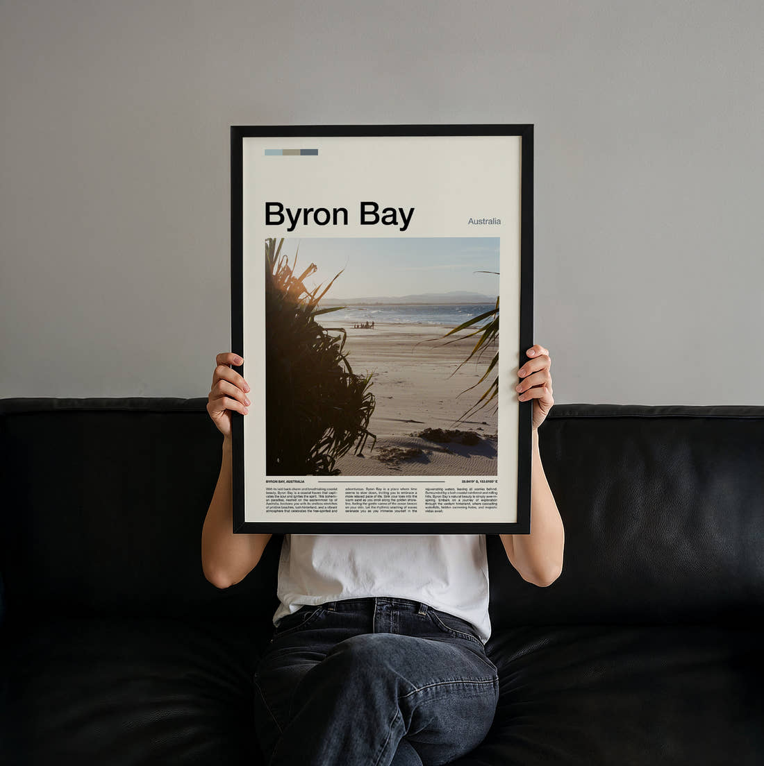 Byron Bay Beach Through Palm Leaves Travel Print held up by hand to show the size of the print