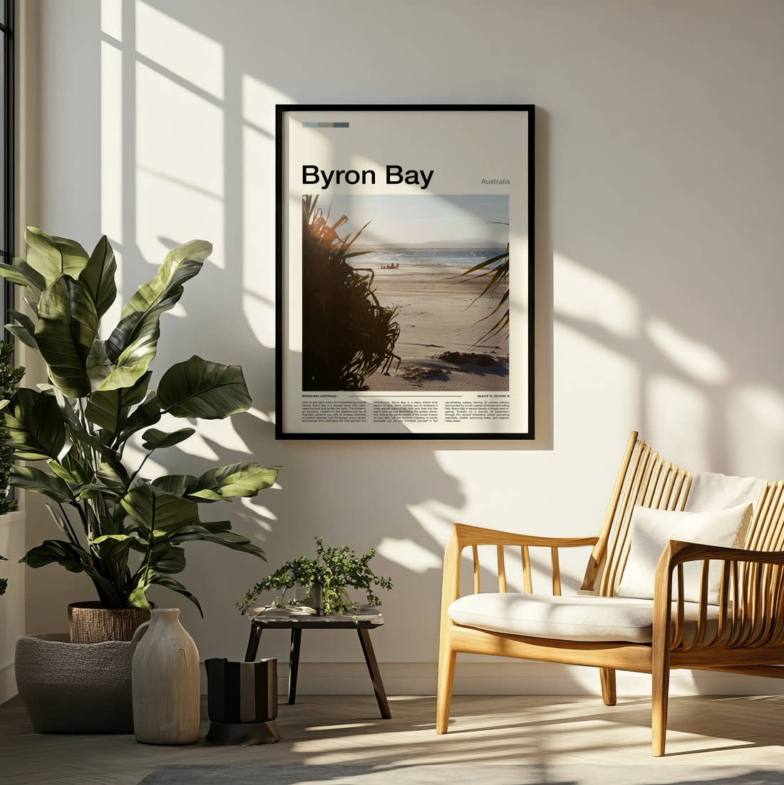 Byron Bay Beach Through Palm Leaves Travel Print framed on a pale wall beside houseplants