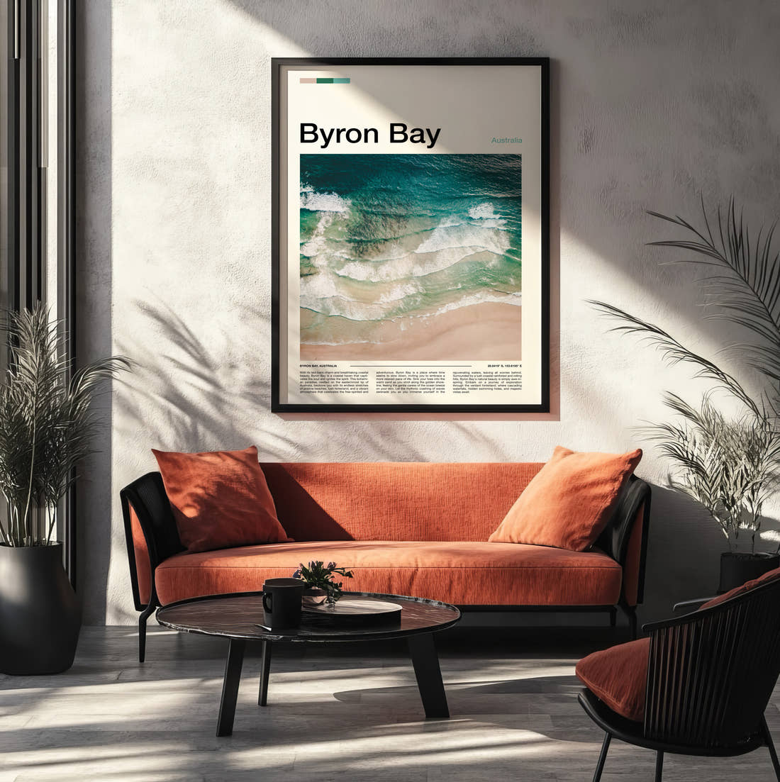 Byron Bay Waves On The Shore Travel Print framed on the wall of a modern living room