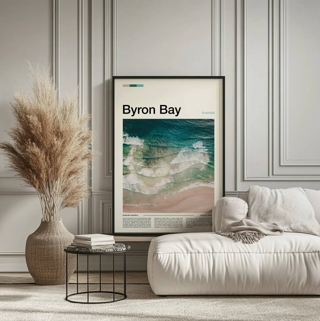 Byron Bay Waves On The Shore Travel Print framed on the wall of a calm, neutral bedroom