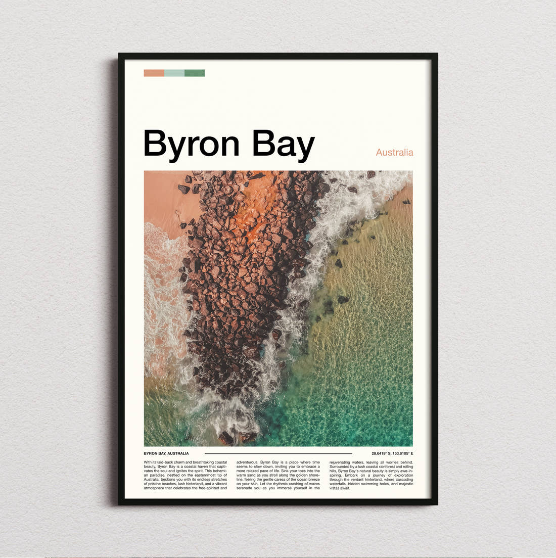 Byron Bay Rocky Reef From Above Travel Print framed and photographed straight on