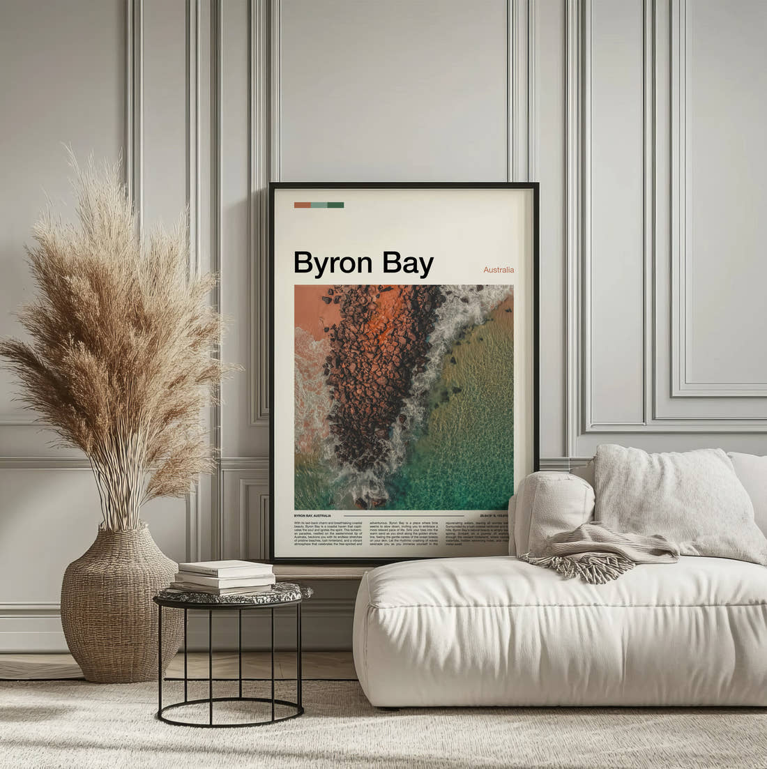 Byron Bay Rocky Reef From Above Travel Print framed on the wall of a calm, neutral bedroom