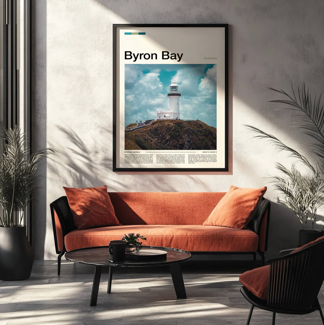 Byron Bay Clifftop Lighthouse Travel Print framed on the wall of a modern living room