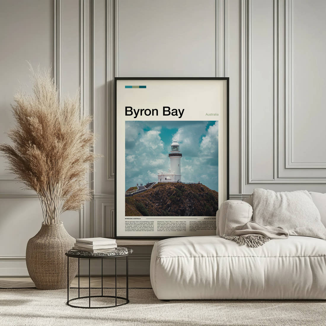 Byron Bay Clifftop Lighthouse Travel Print framed on the wall of a calm, neutral bedroom