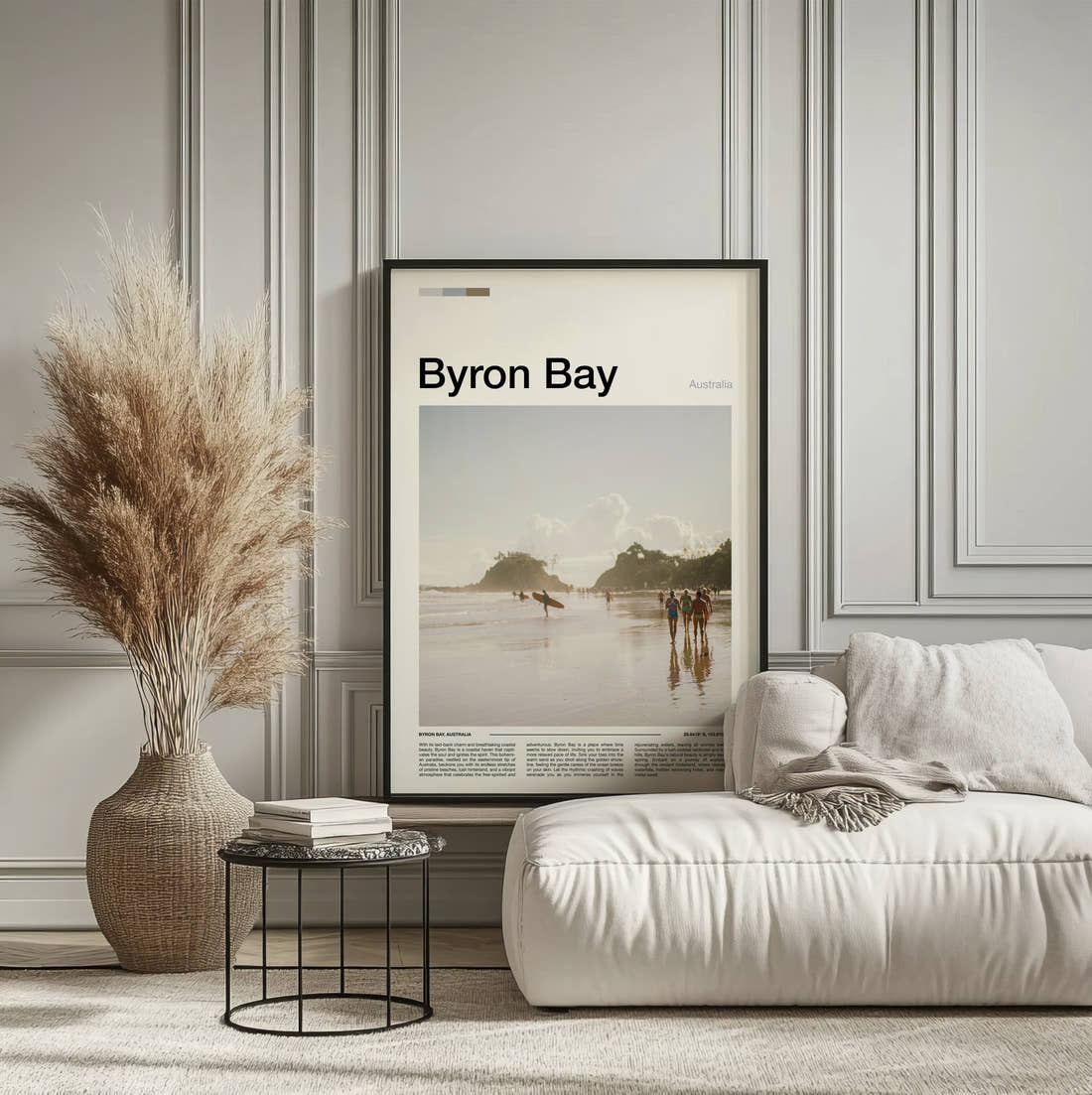 Byron Bay Surfers On The Beach Travel Print framed on the wall of a calm, neutral bedroom