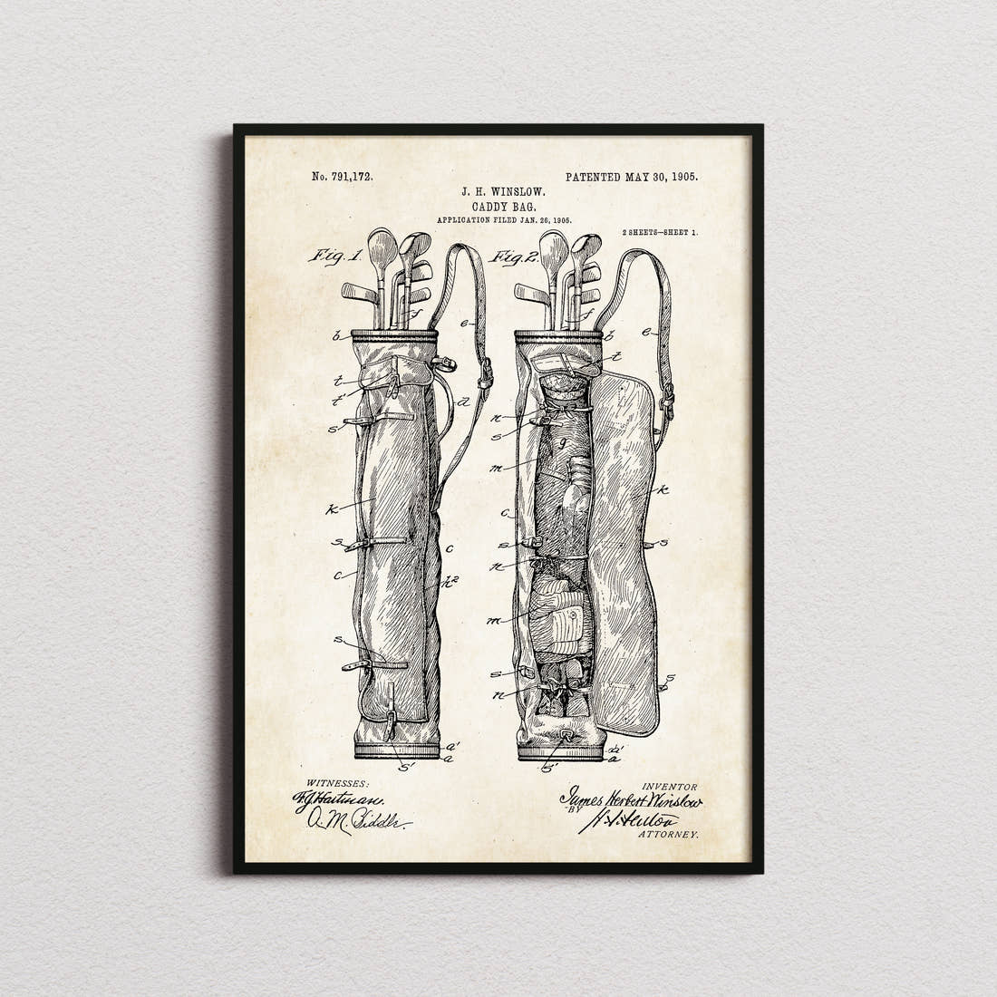 Caddy Bag Patent Print in the aged paper colourway, framed