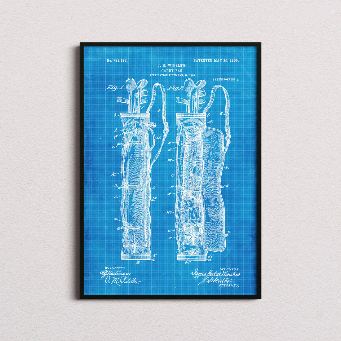 Caddy Bag Patent Print in the blueprint colourway, framed