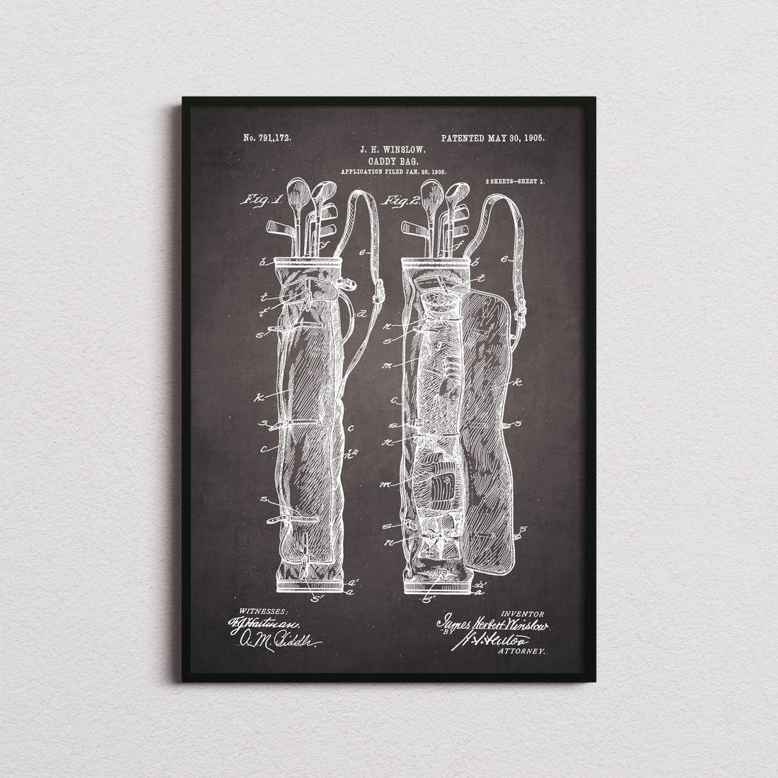 Caddy Bag Patent Print in the blackboard colourway, framed