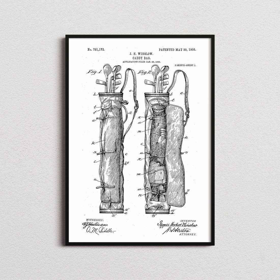 Caddy Bag Patent Print in the white colourway, framed