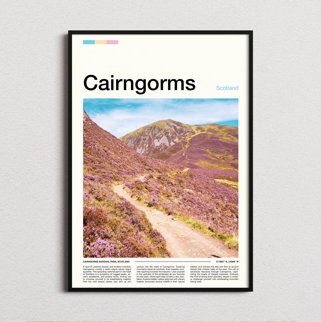 Cairngorms Purple Heather Hillside Travel Print framed and photographed straight on