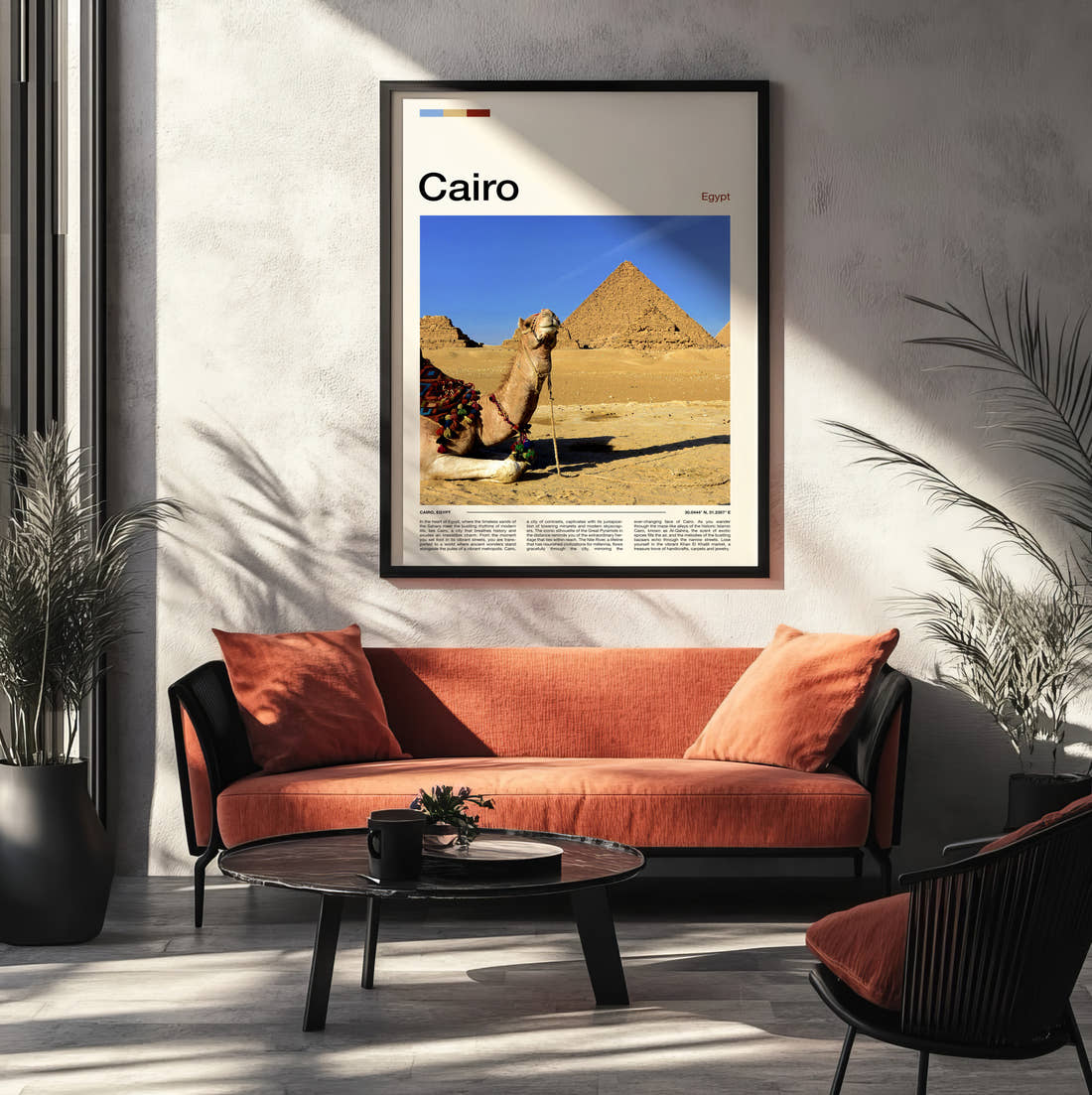 Cairo Camels And Pyramids Travel Print framed on the wall of a modern living room