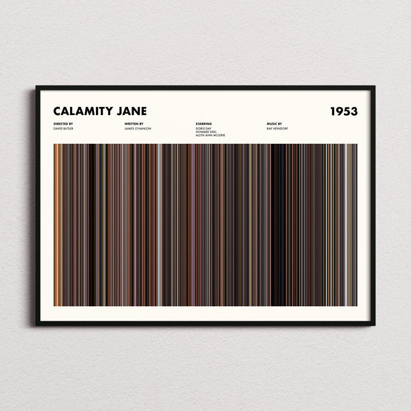 Calamity Jane Movie Barcode Poster framed and photographed straight on