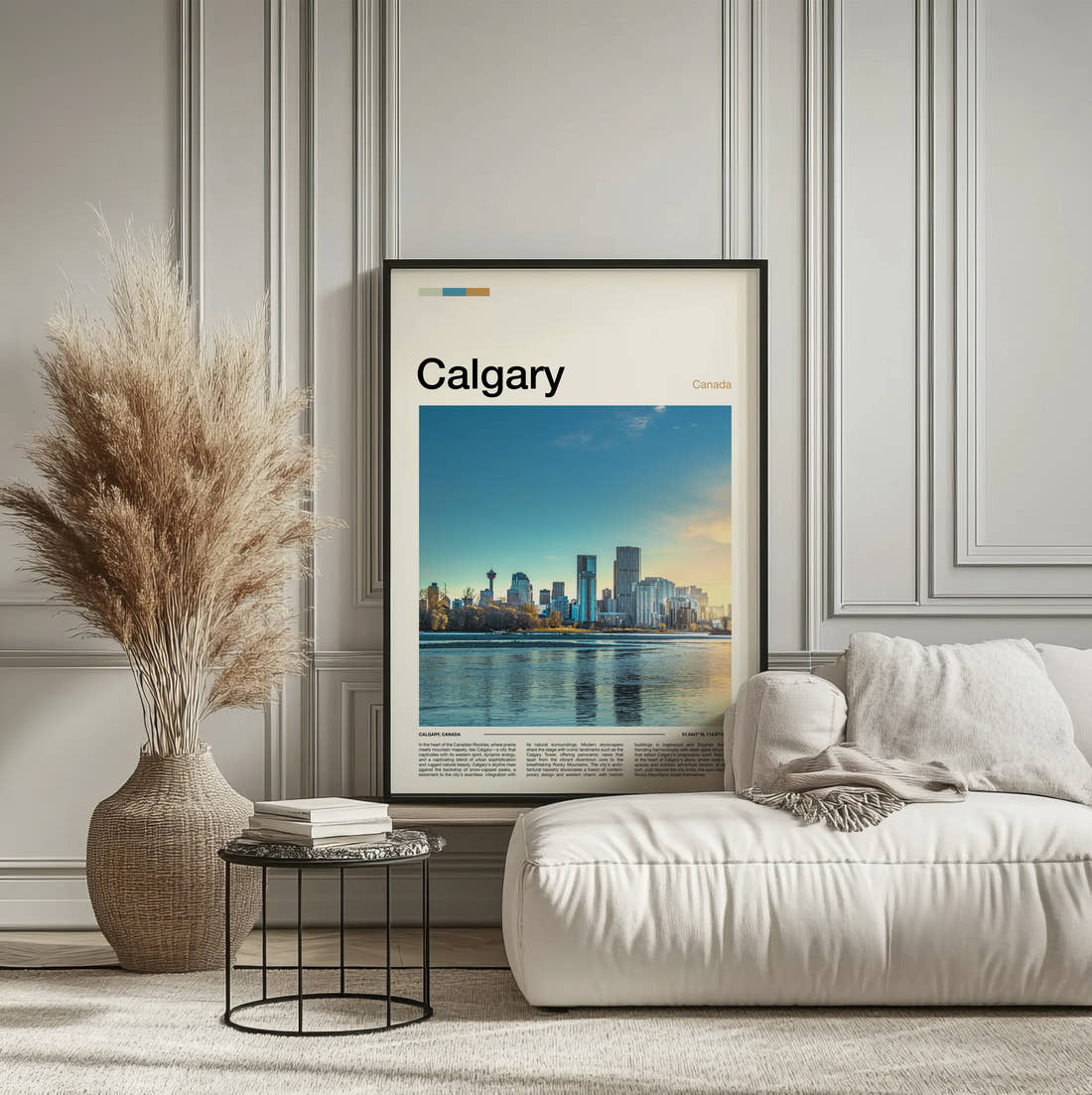 Calgary Skyline Across The River Travel Print framed on the wall of a calm, neutral bedroom