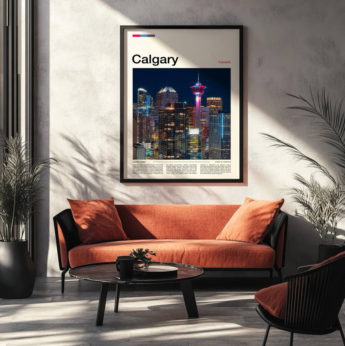 Calgary Night Skyline Travel Print framed on the wall of a modern living room