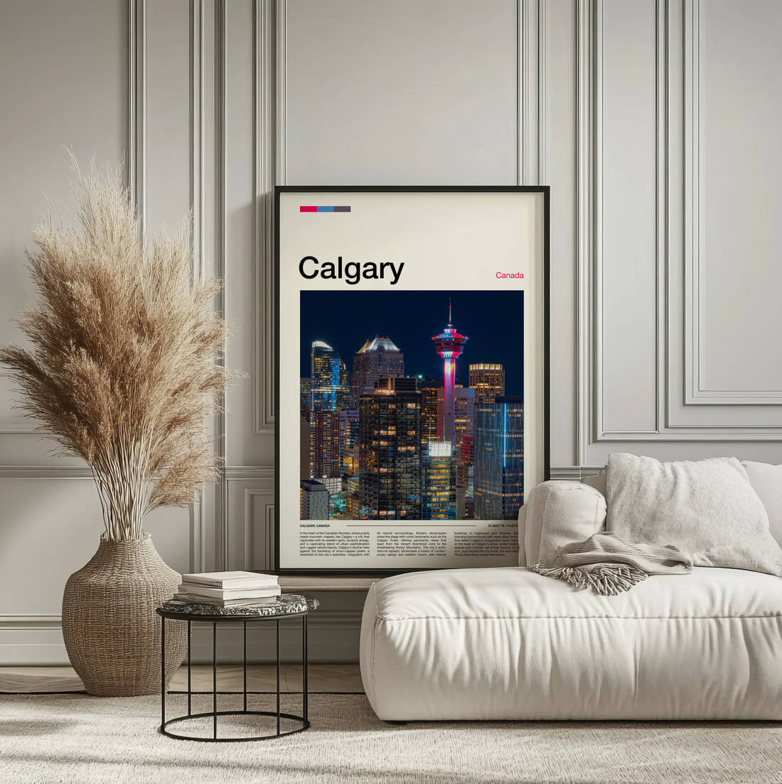 Calgary Night Skyline Travel Print framed on the wall of a calm, neutral bedroom