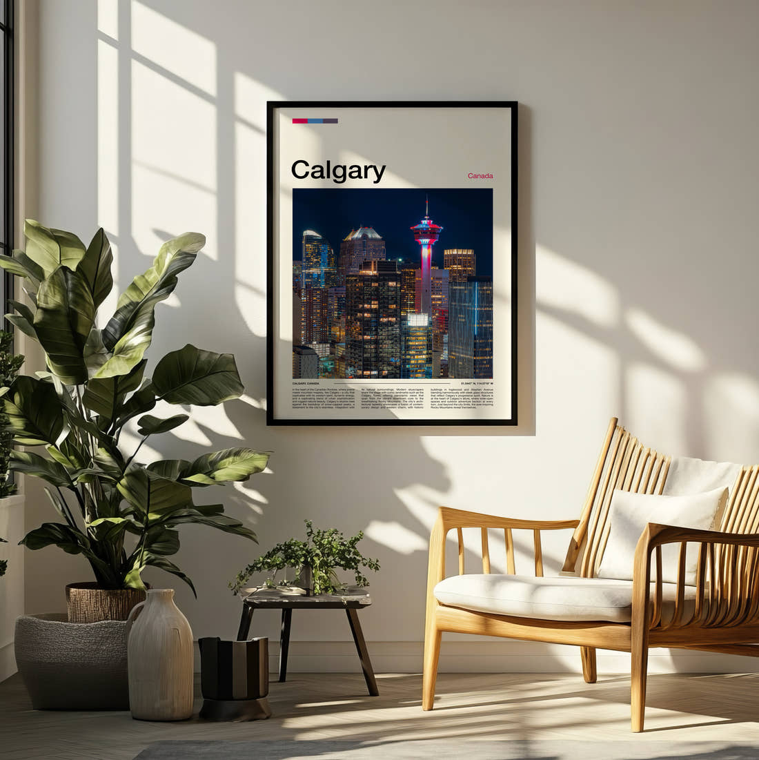 Calgary Night Skyline Travel Print framed on a pale wall beside houseplants