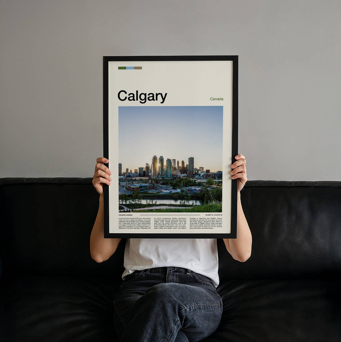 Calgary Distant Skyline Travel Print held up by hand to show the size of the print