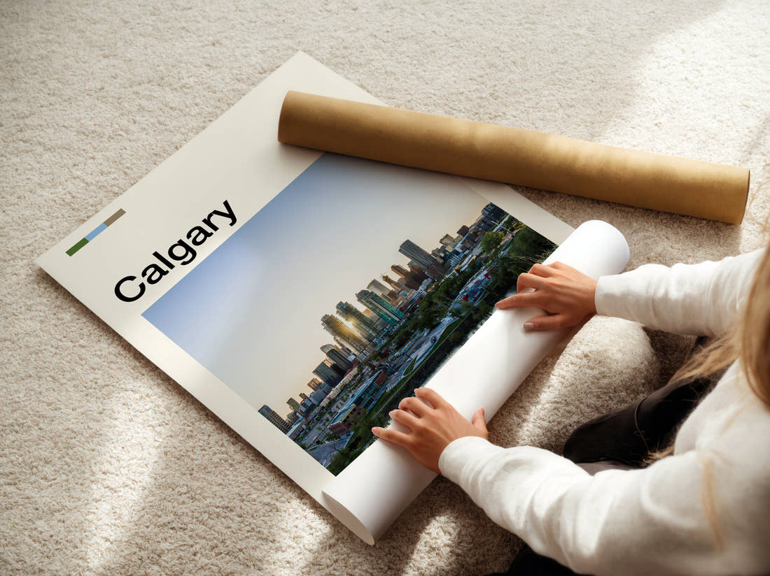 Calgary Distant Skyline Travel Print being unrolled from its postal tube