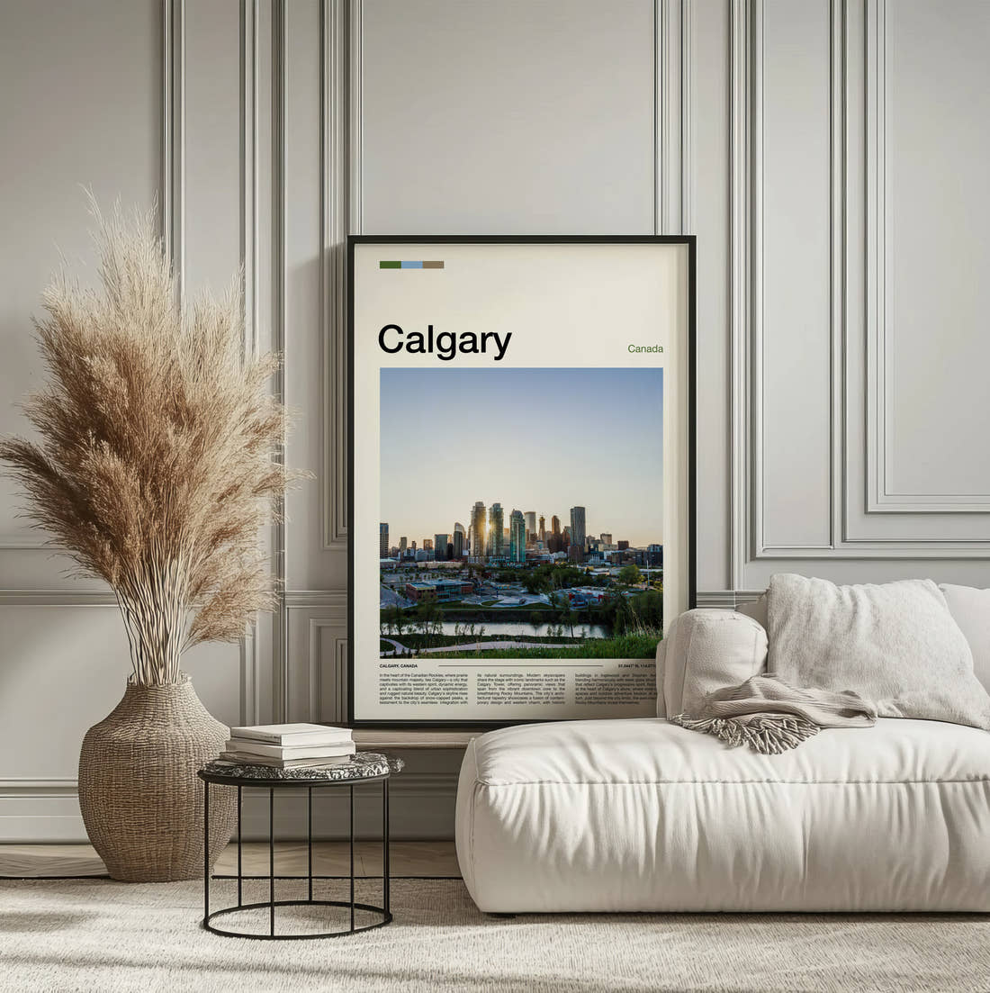 Calgary Distant Skyline Travel Print framed on the wall of a calm, neutral bedroom